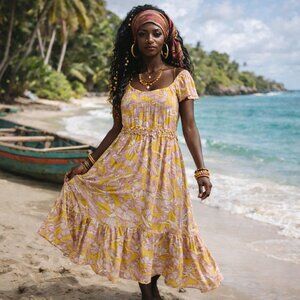 Knox Rose Floral Yellow Pink Women's Dress Maxi Medium Gypsy Bohemian Botanical